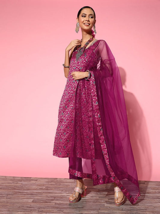 Women Solid Silk Blend Ethereal Embroidery Kurta Set - Inddus.com