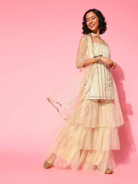 Women Striped Net Bling it On Kurta Set - Inddus.com