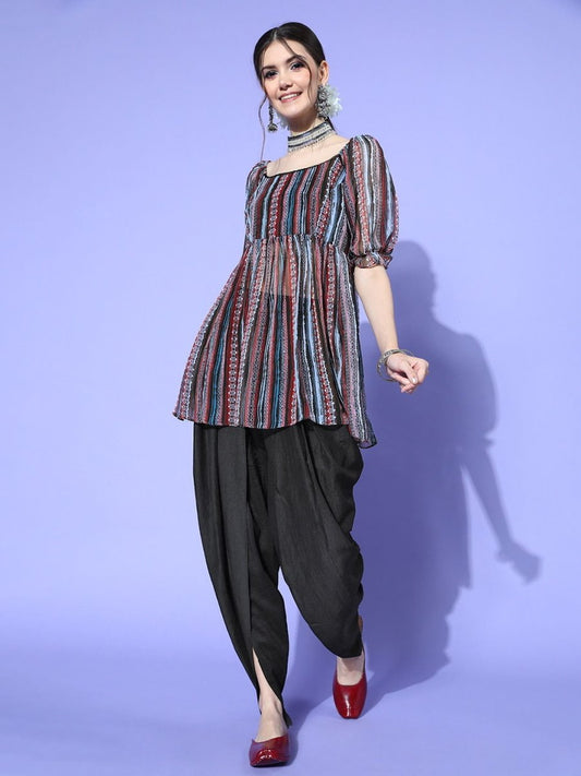 Women Striped Poly Chiffon Print Parade Kurta Set - Inddus.com