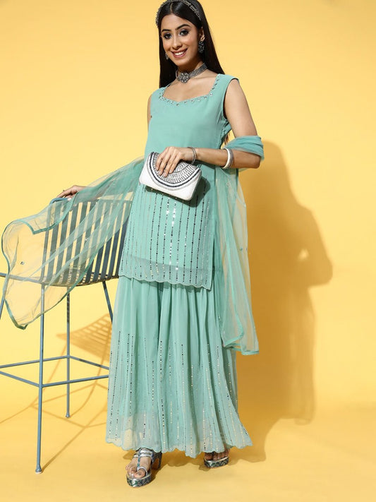 Women Striped Poly-Georgette Ethereal Embroidery Kurta Set - Inddus.com