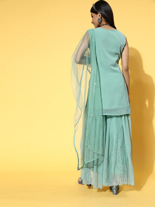 Women Striped Poly-Georgette Ethereal Embroidery Kurta Set - Inddus.com