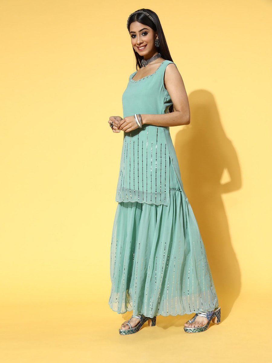 Women Striped Poly-Georgette Ethereal Embroidery Kurta Set - Inddus.com