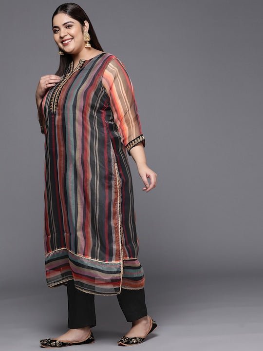 Women Striped Sequinned Straight Kurta with Trousers & With Dupatta - Inddus.com