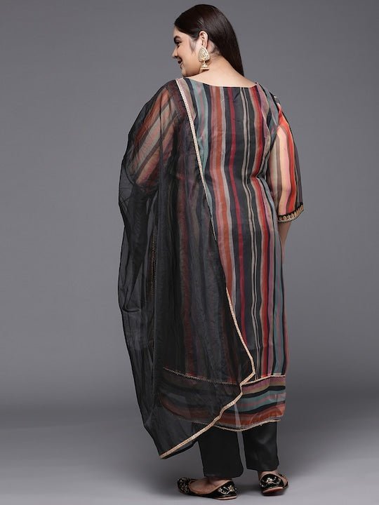 Women Striped Sequinned Straight Kurta with Trousers & With Dupatta - Inddus.com