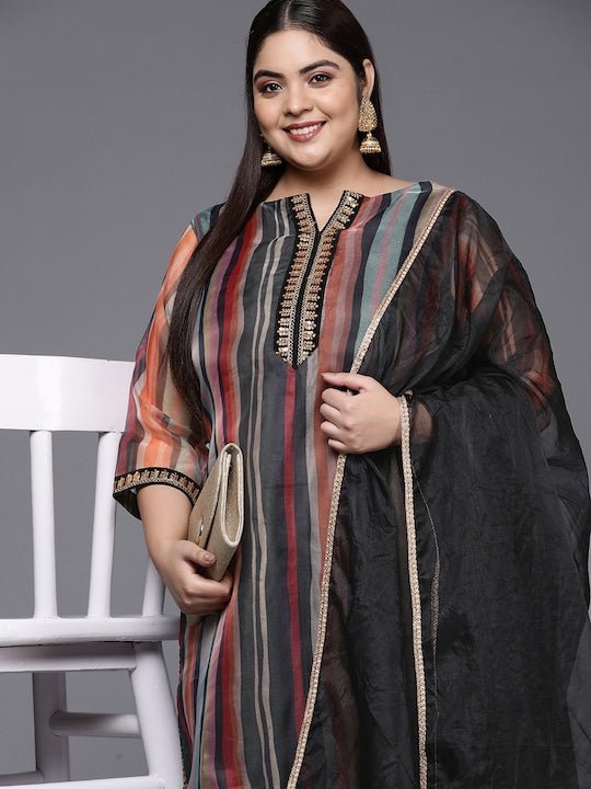 Women Striped Sequinned Straight Kurta with Trousers & With Dupatta - Inddus.com