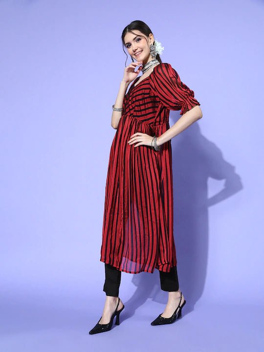 Women Striped Silk Blend Print Parade Kurta Set - Inddus.com