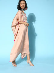 Women Stylish Peach Embroidered Satin Kaftan Kurta - Inddus.com