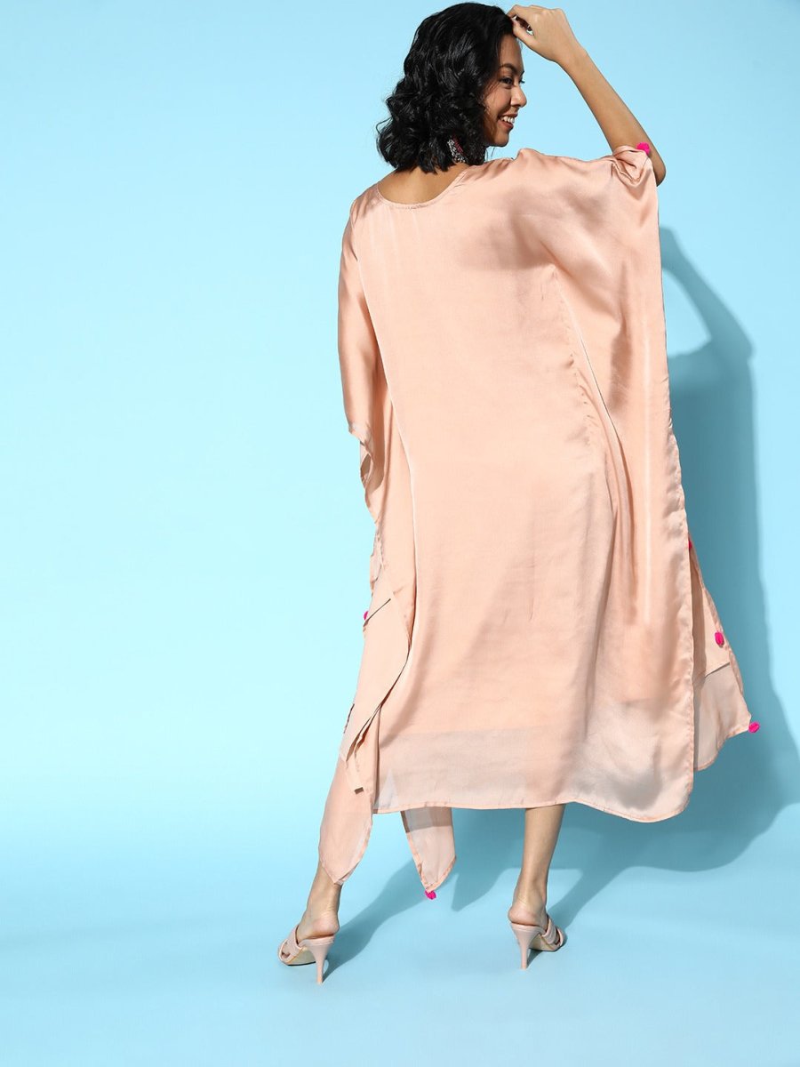 Women Stylish Peach Embroidered Satin Kaftan Kurta - Inddus.com