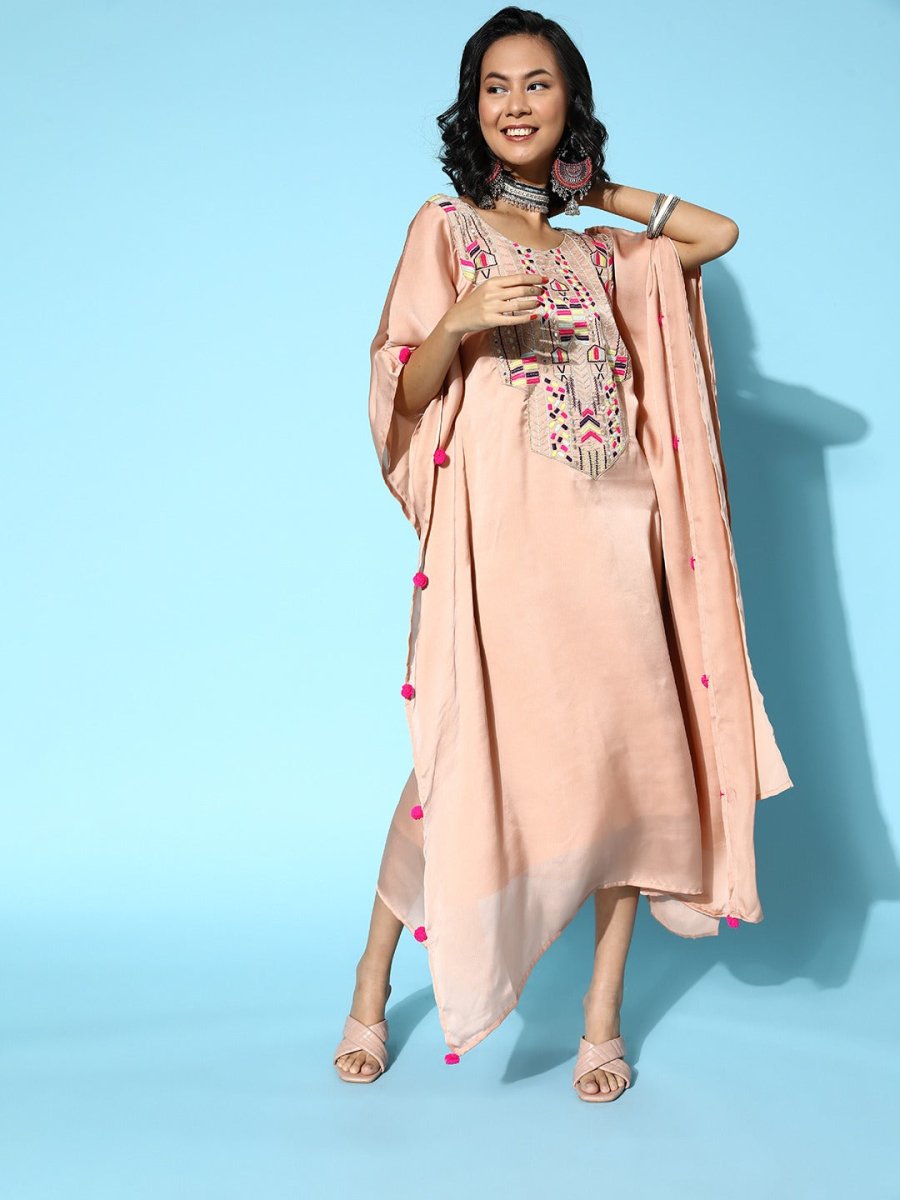 Women Stylish Peach Embroidered Satin Kaftan Kurta - Inddus.com