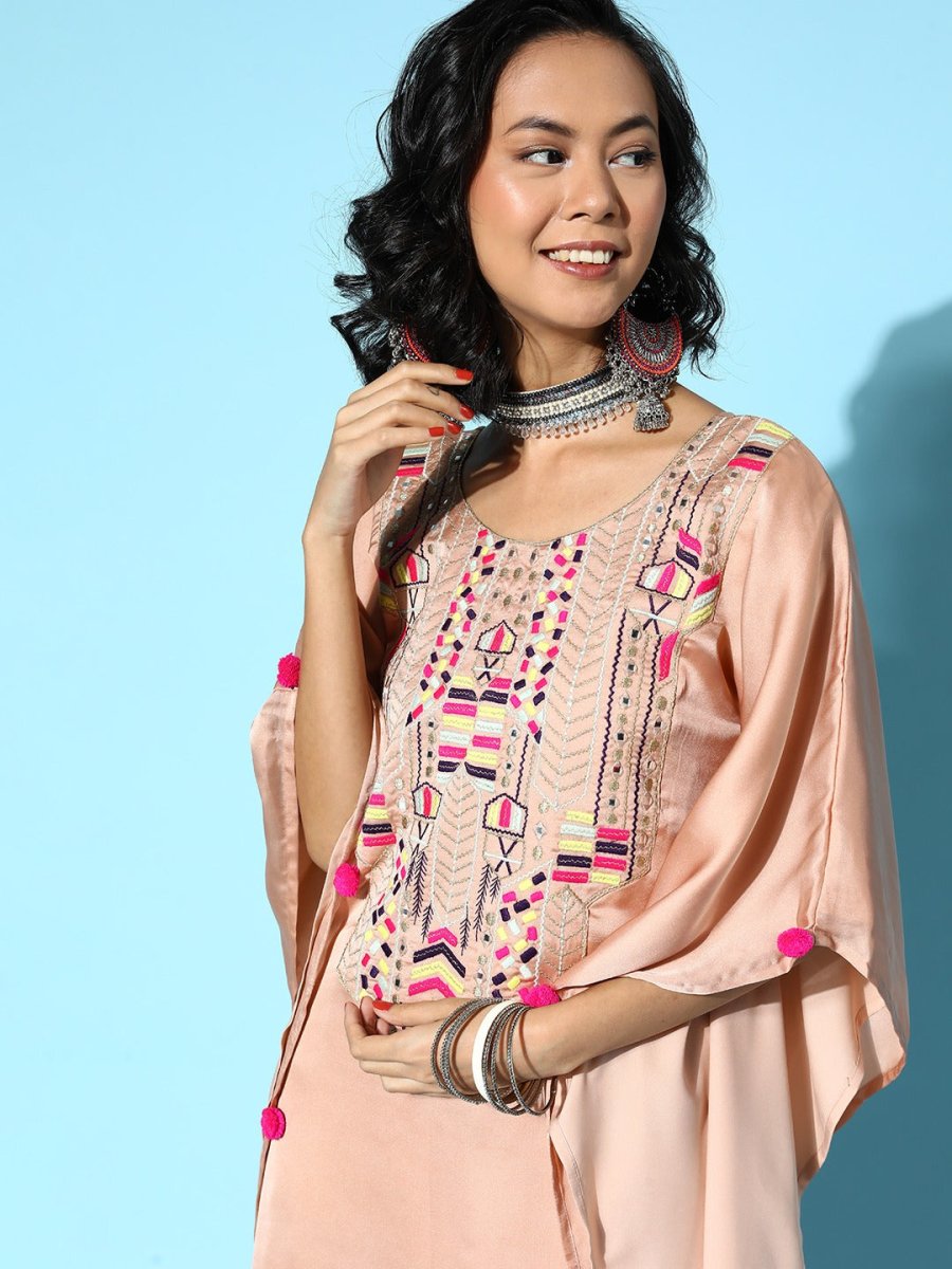 Women Stylish Peach Embroidered Satin Kaftan Kurta - Inddus.com