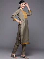 Women Taupe & Mustard Yellow Yoke Design Kurta with Trousers - Inddus.com