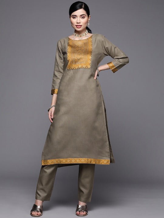 Women Taupe & Mustard Yellow Yoke Design Kurta with Trousers - Inddus.com