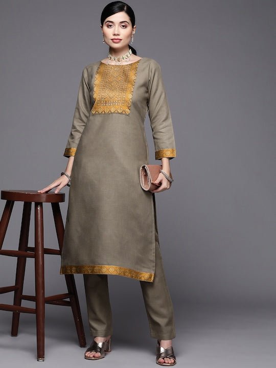 Women Taupe & Mustard Yellow Yoke Design Kurta with Trousers - Inddus.com