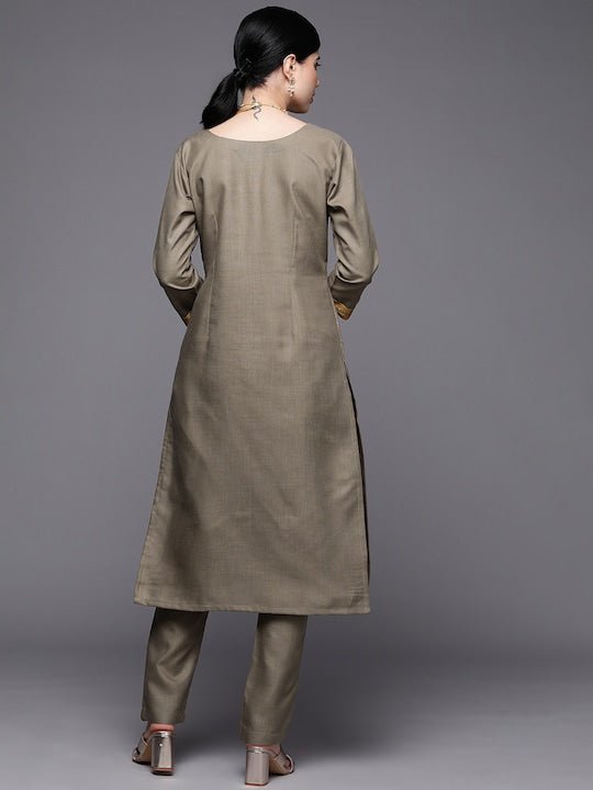 Women Taupe & Mustard Yellow Yoke Design Kurta with Trousers - Inddus.com