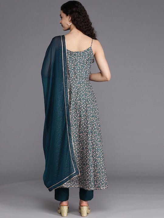 Women Teal Blue & Beige Floral Printed Pleated Kurta with Trousers & Dupatta - Inddus.com