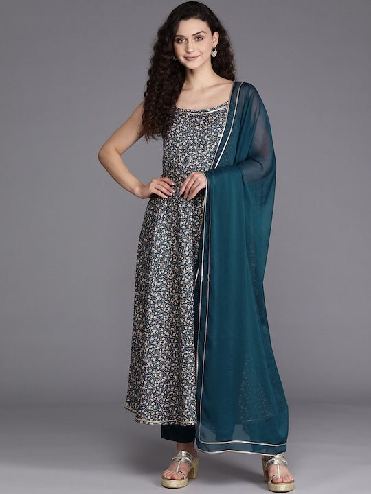 Women Teal Blue & Beige Floral Printed Pleated Kurta with Trousers & Dupatta - Inddus.com