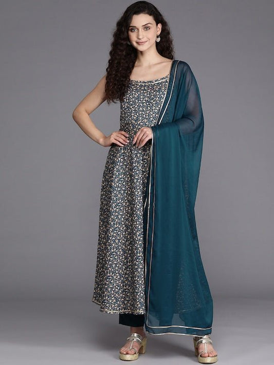 Women Teal Blue & Beige Floral Printed Pleated Kurta with Trousers & Dupatta - Inddus.com