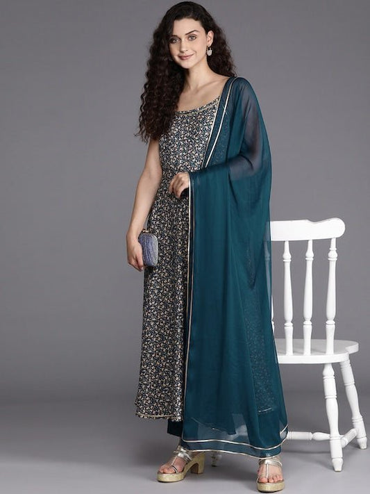 Women Teal Blue & Beige Floral Printed Pleated Kurta with Trousers & Dupatta - Inddus.com