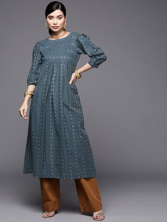 Women Teal Blue & Gold-Toned Striped Pure Cotton Kurta - Inddus.com