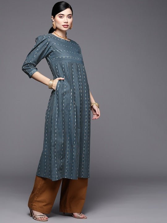 Women Teal Blue & Gold-Toned Striped Pure Cotton Kurta - Inddus.com