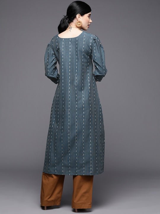 Women Teal Blue & Gold-Toned Striped Pure Cotton Kurta - Inddus.com