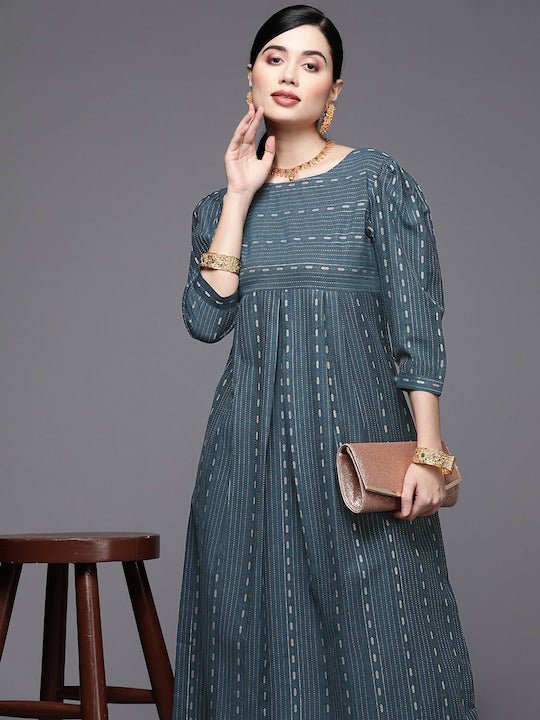 Women Teal Blue & Gold-Toned Striped Pure Cotton Kurta - Inddus.com