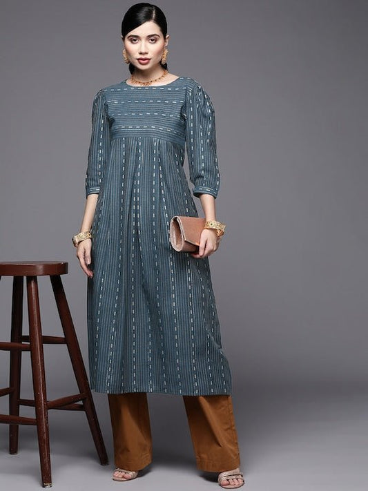 Women Teal Blue & Gold-Toned Striped Pure Cotton Kurta - Inddus.com