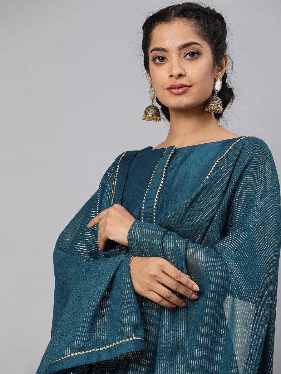 Women Teal Blue Solid Gotta Patti Kurta Set - Inddus.com