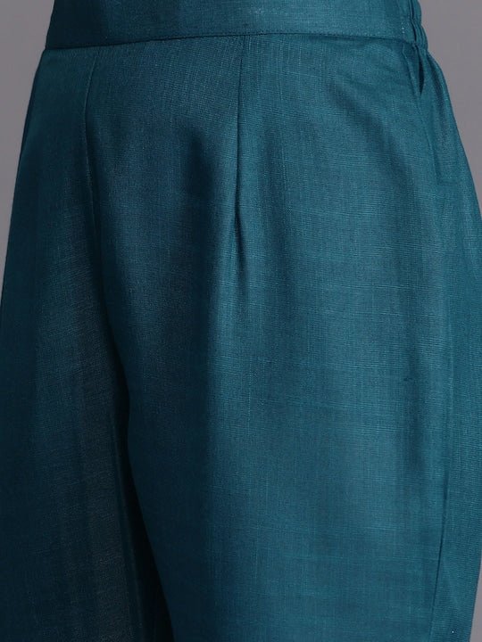 Women Teal Blue & White Embroidered High Slit Thread Work Kurta with Trousers - Inddus.com