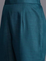 Women Teal Blue & White Embroidered High Slit Thread Work Kurta with Trousers - Inddus.com