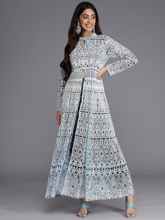 Women Teal Blue & White Embroidered High Slit Thread Work Kurta with Trousers - Inddus.com