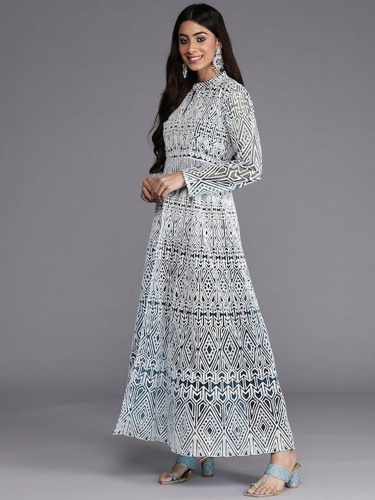 Women Teal Blue & White Embroidered High Slit Thread Work Kurta with Trousers - Inddus.com