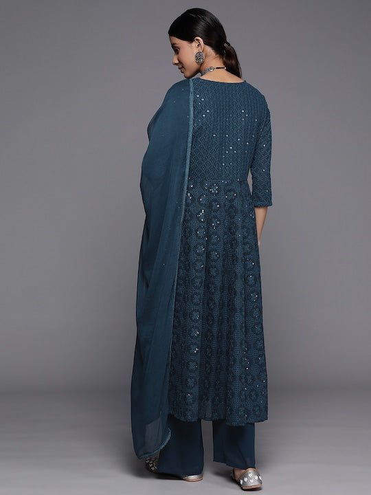 Women Teal Embroidered Chikankari Kurta with Palazzos & With Dupatta - Inddus.com