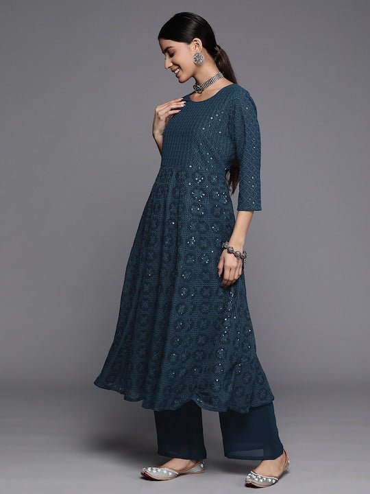 Women Teal Embroidered Chikankari Kurta with Palazzos & With Dupatta - Inddus.com