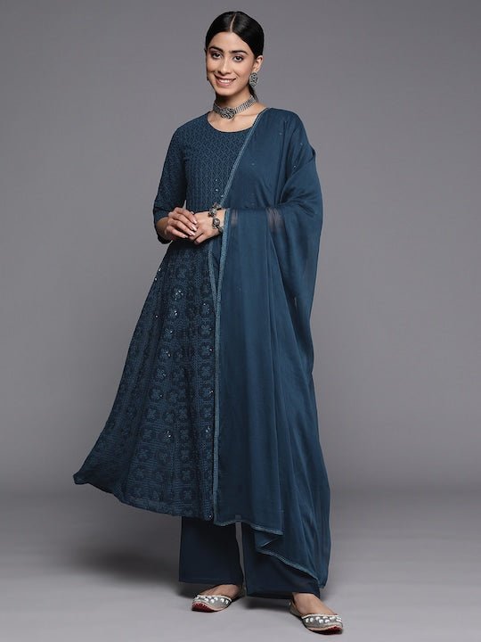 Women Teal Embroidered Chikankari Kurta with Palazzos & With Dupatta - Inddus.com