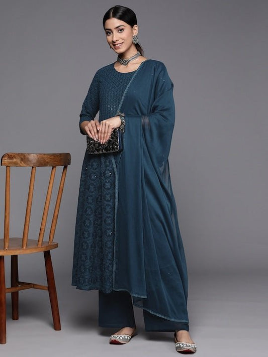 Women Teal Embroidered Chikankari Kurta with Palazzos & With Dupatta - Inddus.com