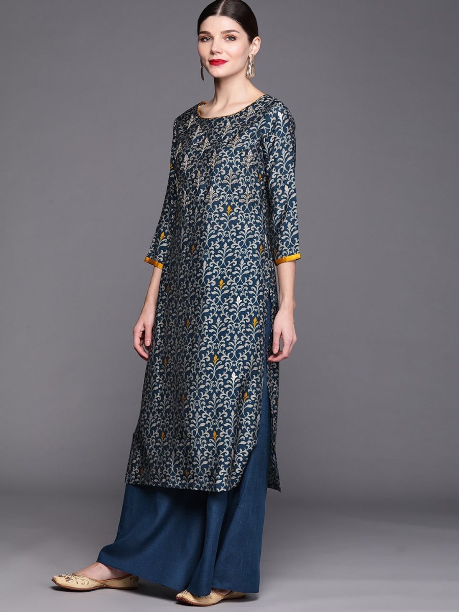 Women Teal Ethnic Motifs Printed Regular Beads and Stones Kurta with Palazzos - Inddus.com