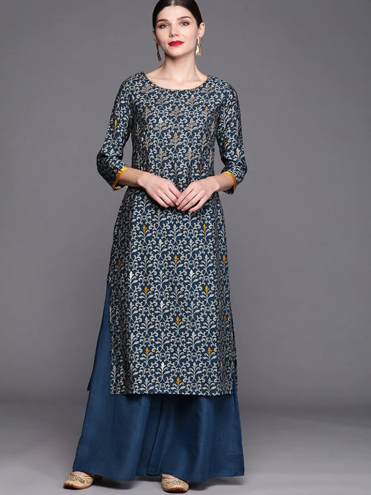 Women Teal Ethnic Motifs Printed Regular Beads and Stones Kurta with Palazzos - Inddus.com