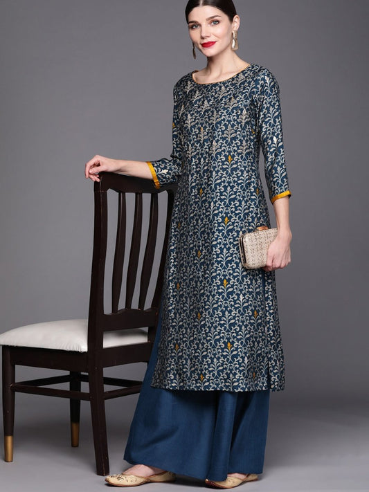 Women Teal Ethnic Motifs Printed Regular Beads and Stones Kurta with Palazzos - Inddus.com