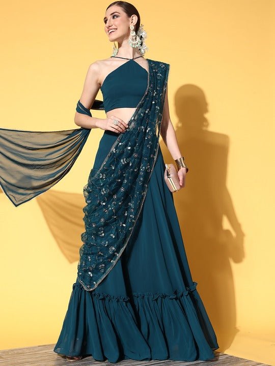 Women Teal Floral Embroidered Lehenga Drape Saree with Blouse Piece - Inddus.com