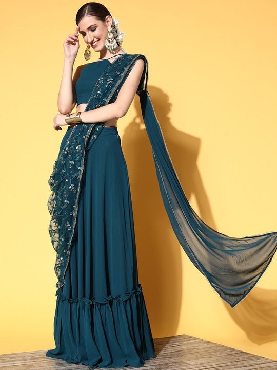 Women Teal Floral Embroidered Lehenga Drape Saree with Blouse Piece - Inddus.com