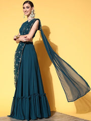 Women Teal Floral Embroidered Lehenga Drape Saree with Blouse Piece - Inddus.com