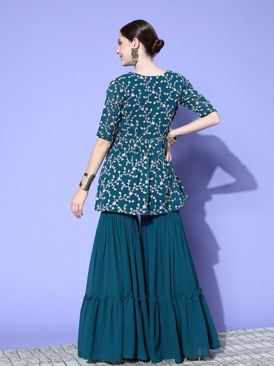 Women Teal Floral Embroidered Regular Thread Work Kurta with Sharara - Inddus.com