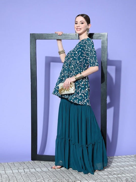 Women Teal Floral Embroidered Regular Thread Work Kurta with Sharara - Inddus.com