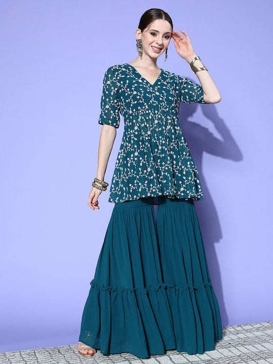 Women Teal Floral Embroidered Regular Thread Work Kurta with Sharara - Inddus.com