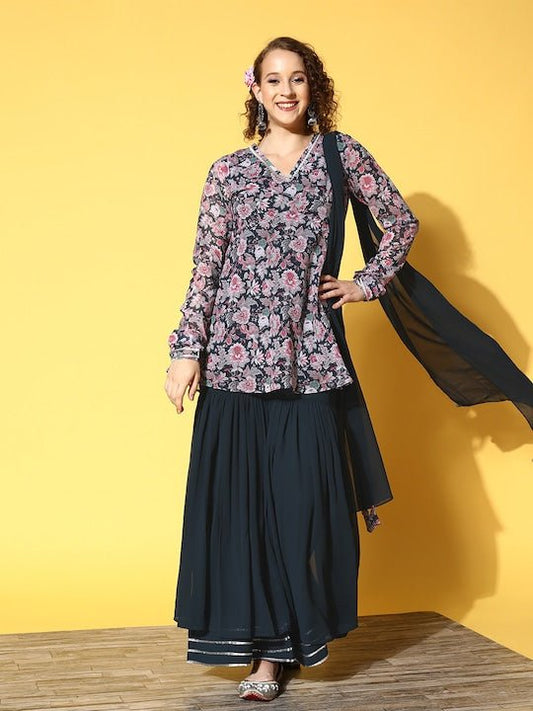 Women Teal Floral Printed Kurti with Palazzos & With Dupatta - Inddus.com