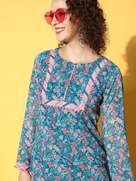 Women Teal Floral Printed Kurti with Sharara - Inddus.com