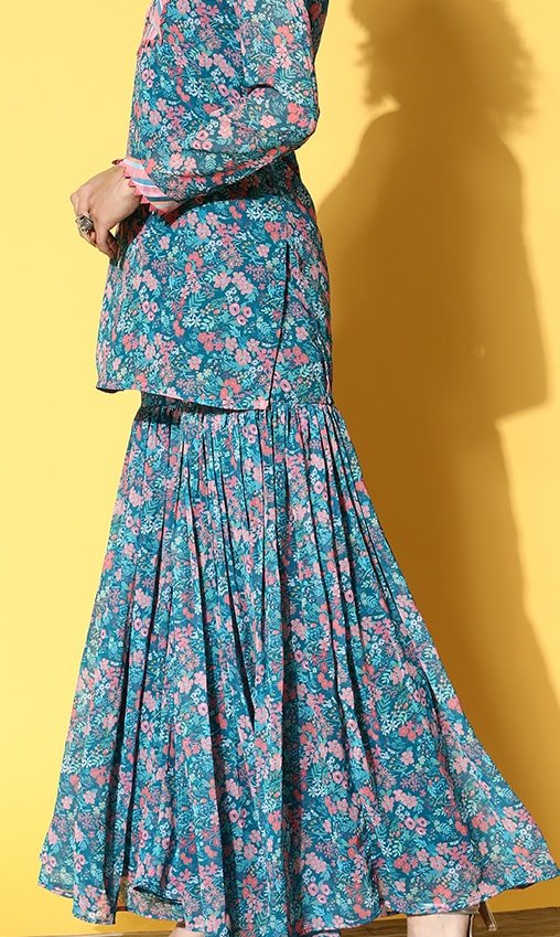 Women Teal Floral Printed Kurti with Sharara - Inddus.com