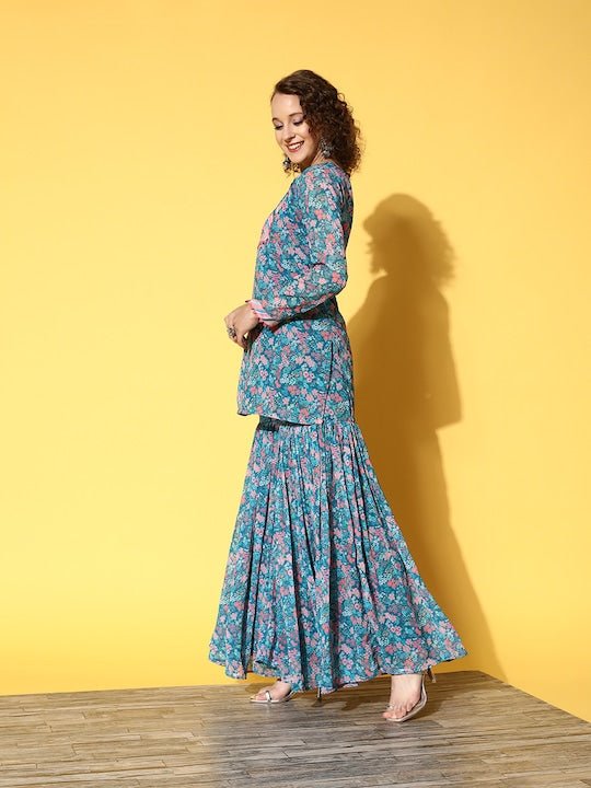 Women Teal Floral Printed Kurti with Sharara - Inddus.com