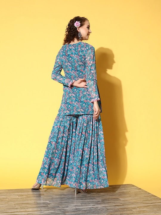 Women Teal Floral Printed Kurti with Sharara - Inddus.com